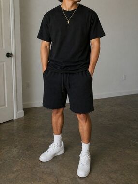 Men's Black Athletic Drawstring Shorts with Frayed Hem